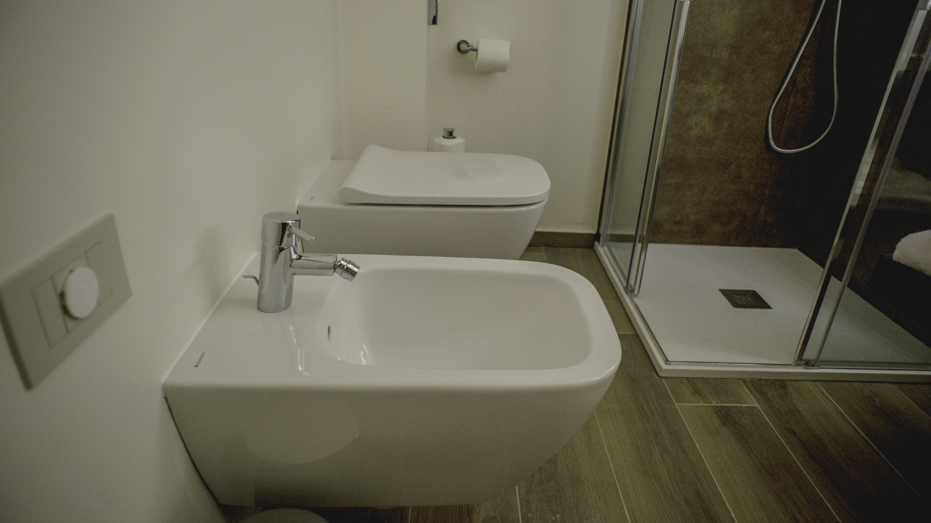 A bathroom with a bidet, a toilet, and a glass shower enclosure.