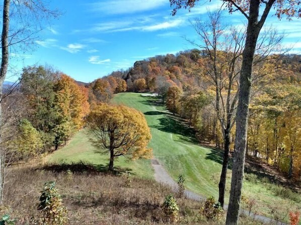 A golf course with a clear path, surrounded by trees with autumn foliage.