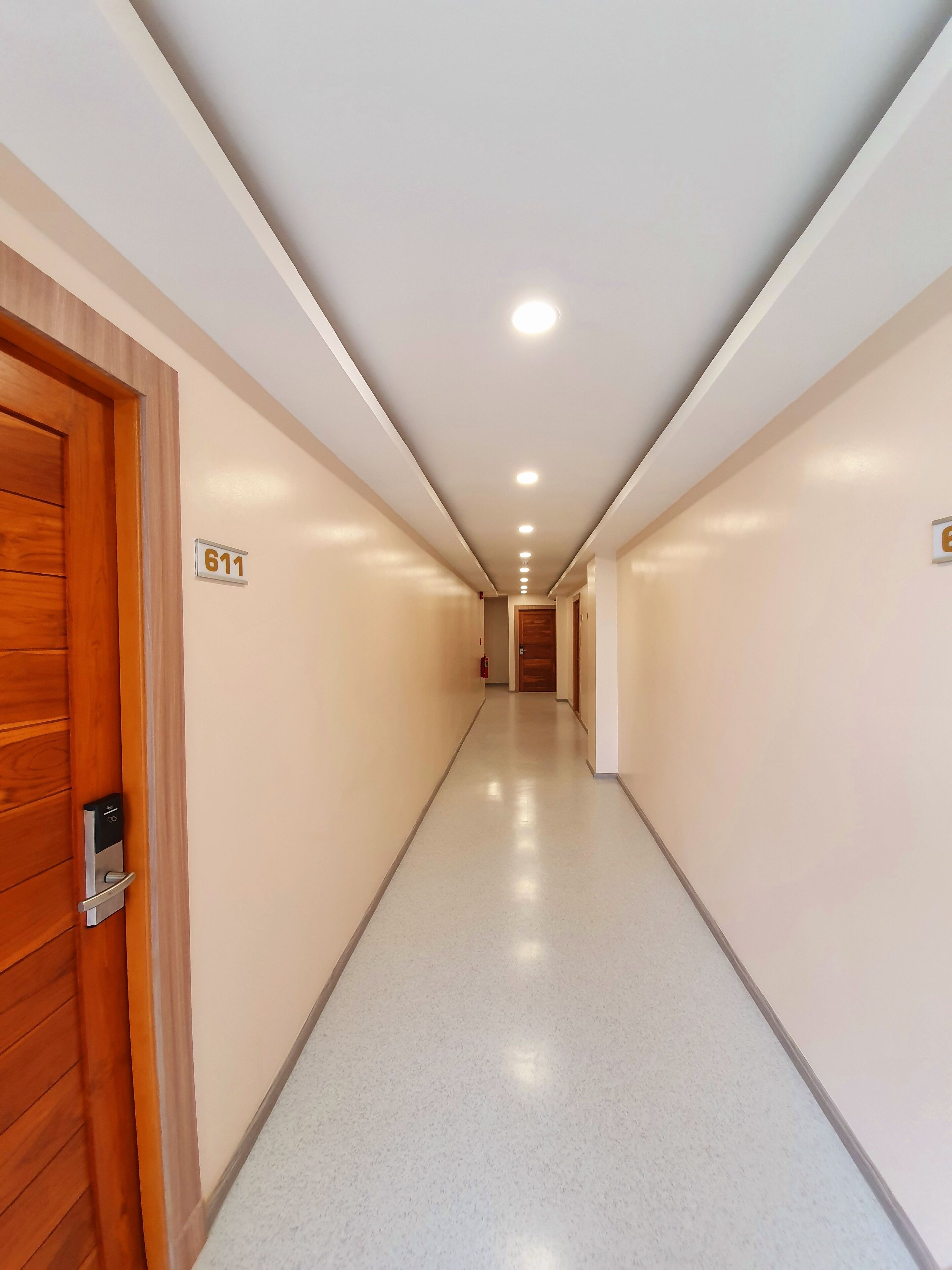 Un pasillo largo y estrecho con una puerta de madera a la izquierda y un extintor en la pared.