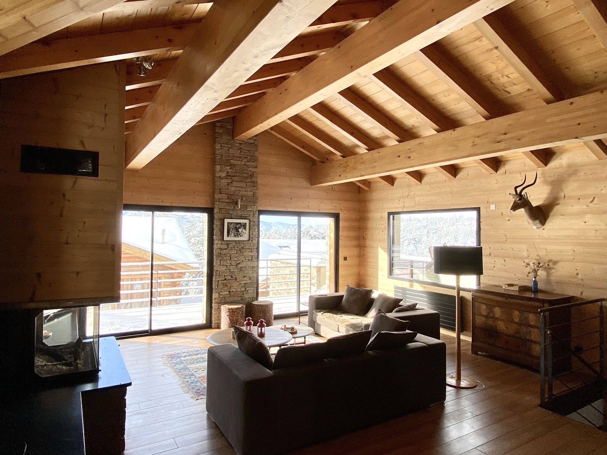 Televisie, een open haard, een dvd-speler en boeken