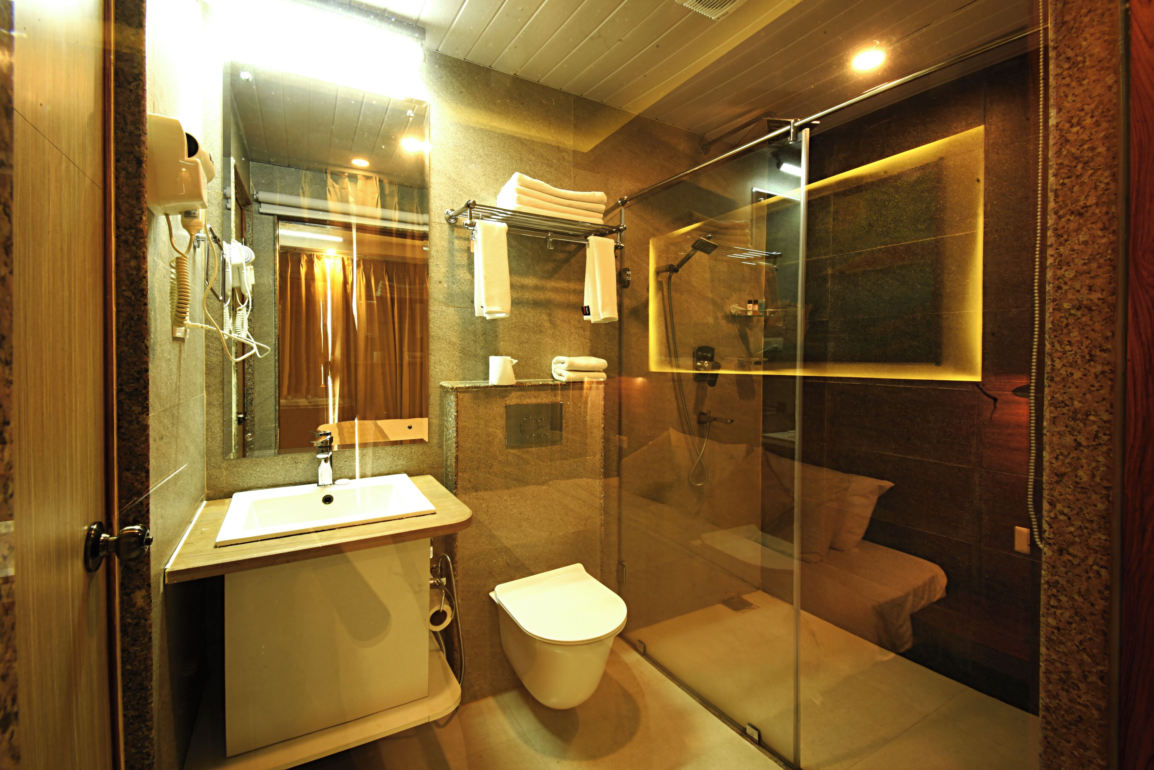 A modern bathroom with a glass-enclosed shower, a sink, and a toilet.