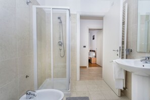 Shower, hair dryer, bidet, towels