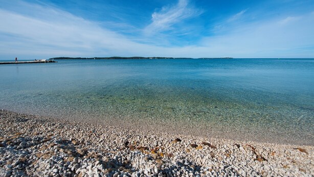 A pebbled beach with clear water and distant land.