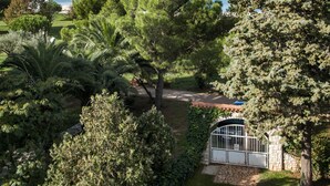 A well-maintained garden with a stone pathway leading to a gated entrance, surrounded by lush greenery and trees.