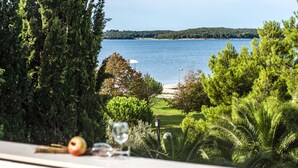A scenic view of a lake with trees and a clear sky.