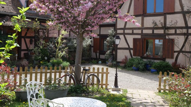 Ein Innenhof mit einem traditionellen Fachwerkhäuschen, einem Holzzaun und einem Fahrrad.