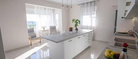 Fridge, oven, stovetop, coffee/tea maker