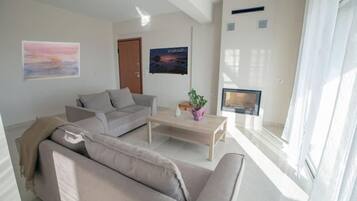 Una Smart TV, una chimenea, libros