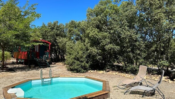 A hexagonal swimming pool with a wooden deck, surrounded by trees and a red structure in the background. - Roulotte with air conditioning and private pool in Tourtour (Tourtour)
