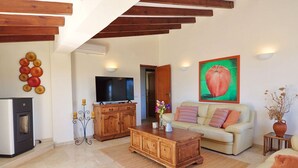 A living room with a fireplace, a television, a sofa, and a painting of an apple. - Ina's vacation home (Teulada)