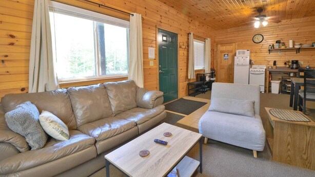L’intérieur chaleureux d’un chalet avec un canapé en cuir, un fauteuil clair, une table basse en bois et un coin cuisine équipé d’un réfrigérateur et d’une cuisinière.