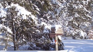 Un paysage enneigé avec un panneau indicateur indiquant les directions vers les localités avoisinantes.