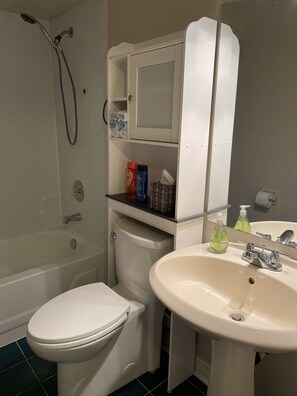 Hair dryer, towels, soap, toilet paper