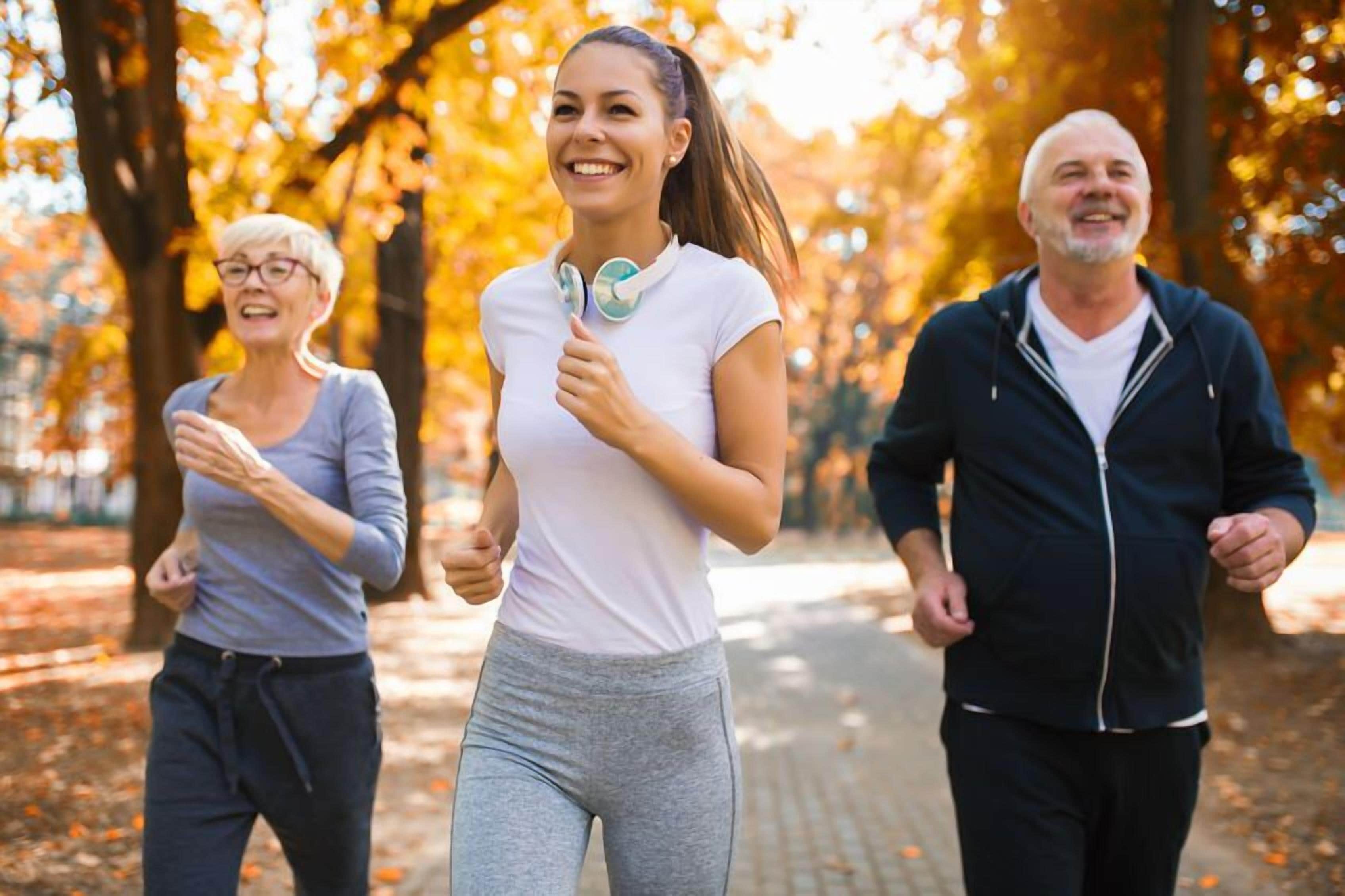 Three people jogging in a park with autumn leaves on the ground.