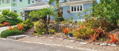 A two-story house with a well-maintained garden, including various plants and a palm tree.