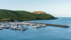 Un puerto deportivo con numerosas embarcaciones amarradas, un muelle que se adentra en el agua y una colina con edificios.