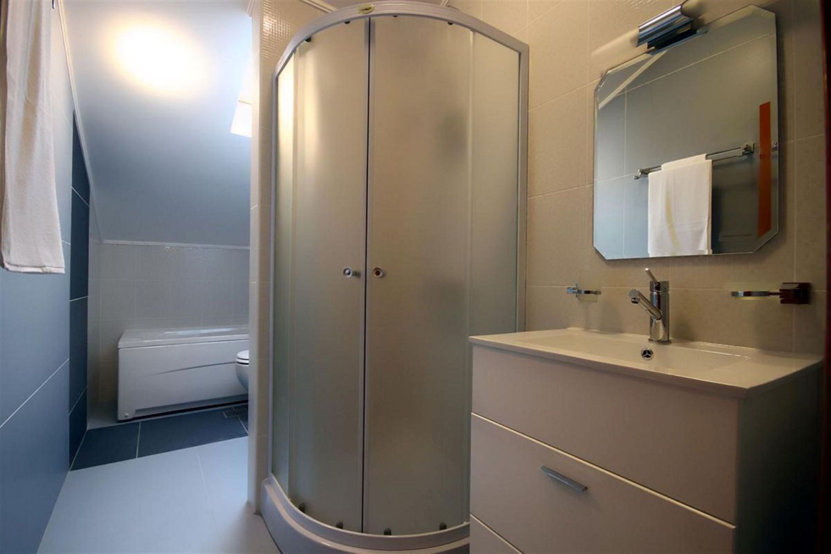 Ein Badezimmer mit Duschkabine aus Glas, einer weißen Toilette und einem Waschbecken mit Spiegel darüber.