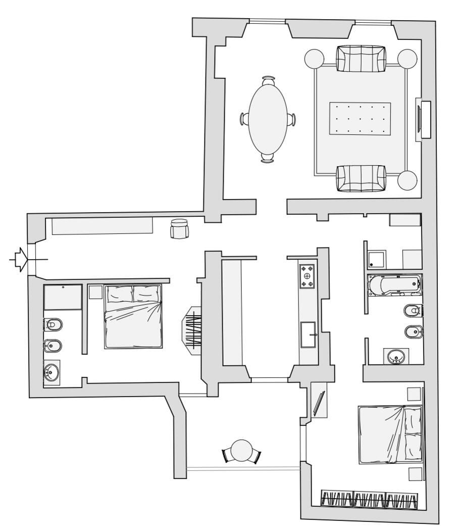 A hotel floor plan with a dining area, a kitchen, a bathroom, and a bedroom.