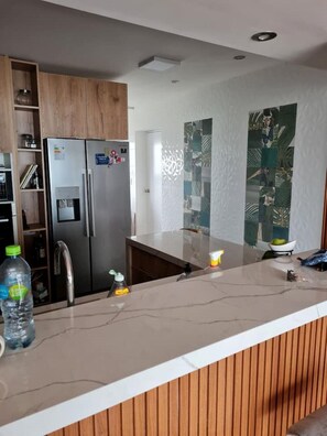 A modern kitchen with a built-in refrigerator, wooden cabinets, a marble countertop, and a decorative glass partition.