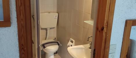Un baño con inodoro, lavamanos y ducha.