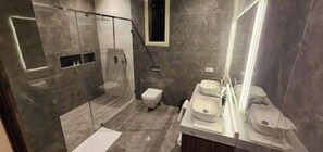 Hair dryer, towels, soap, shampoo