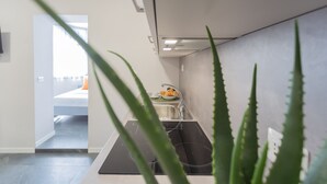 A modern kitchen with a built-in stove, a sink, and a countertop.