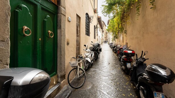 A narrow street with parked scooters and bicycles, a green door, and buildings with balconies and vines. - Toscanella Apartment (Florence)