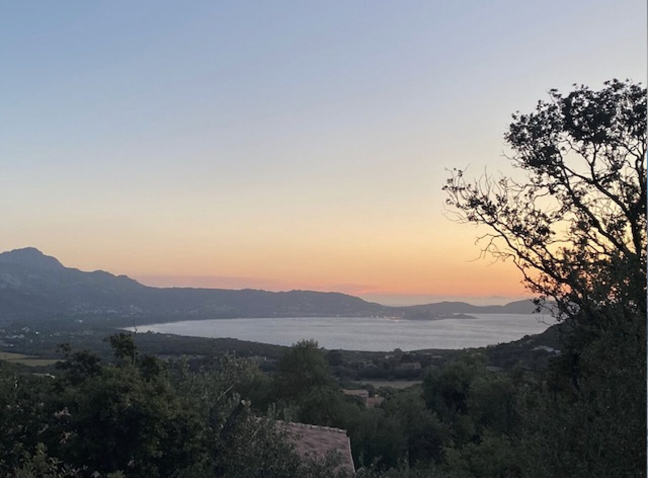 Un paisaje costero con vista al mar y montañas a lo lejos.