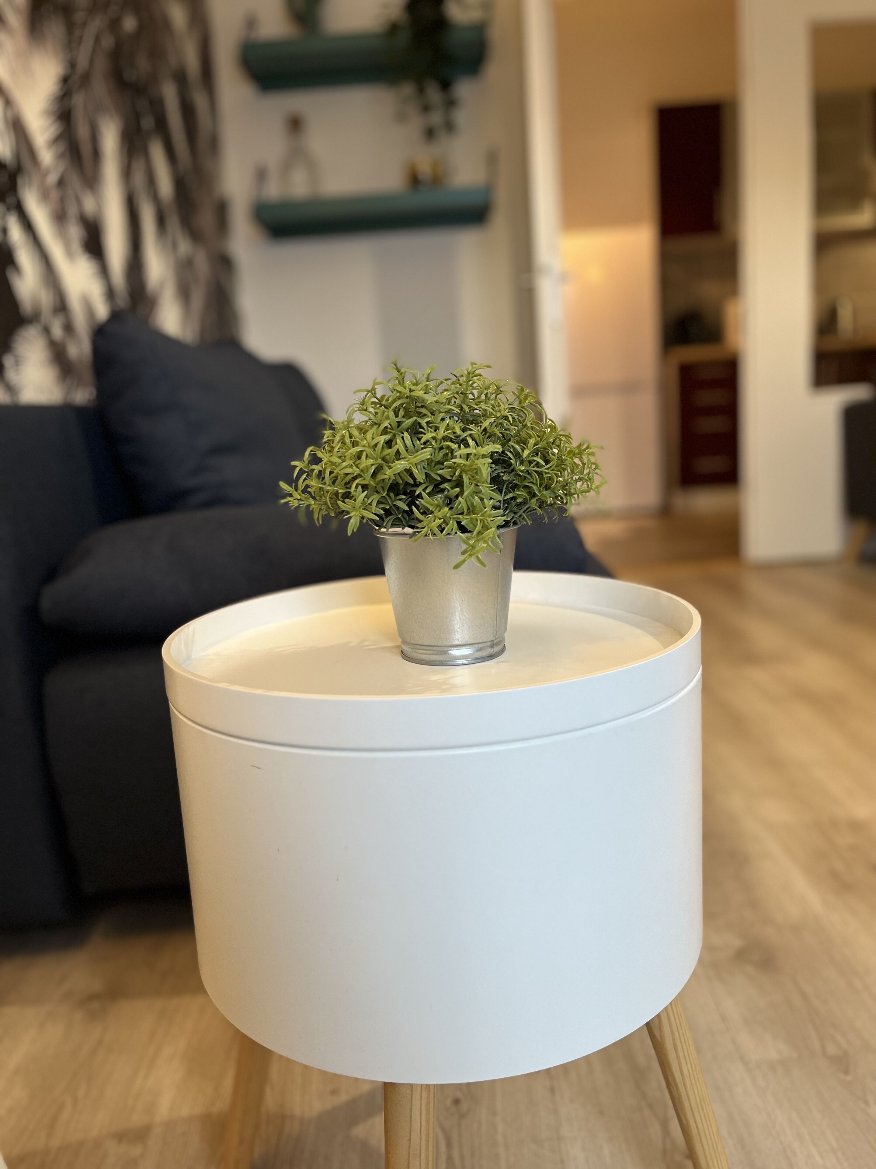 Een moderne woonkamer met een ronde witte tafel, een kleine potplant en een donkere bank.