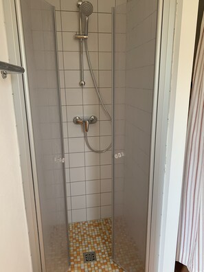 Shower, hair dryer, soap, toilet paper