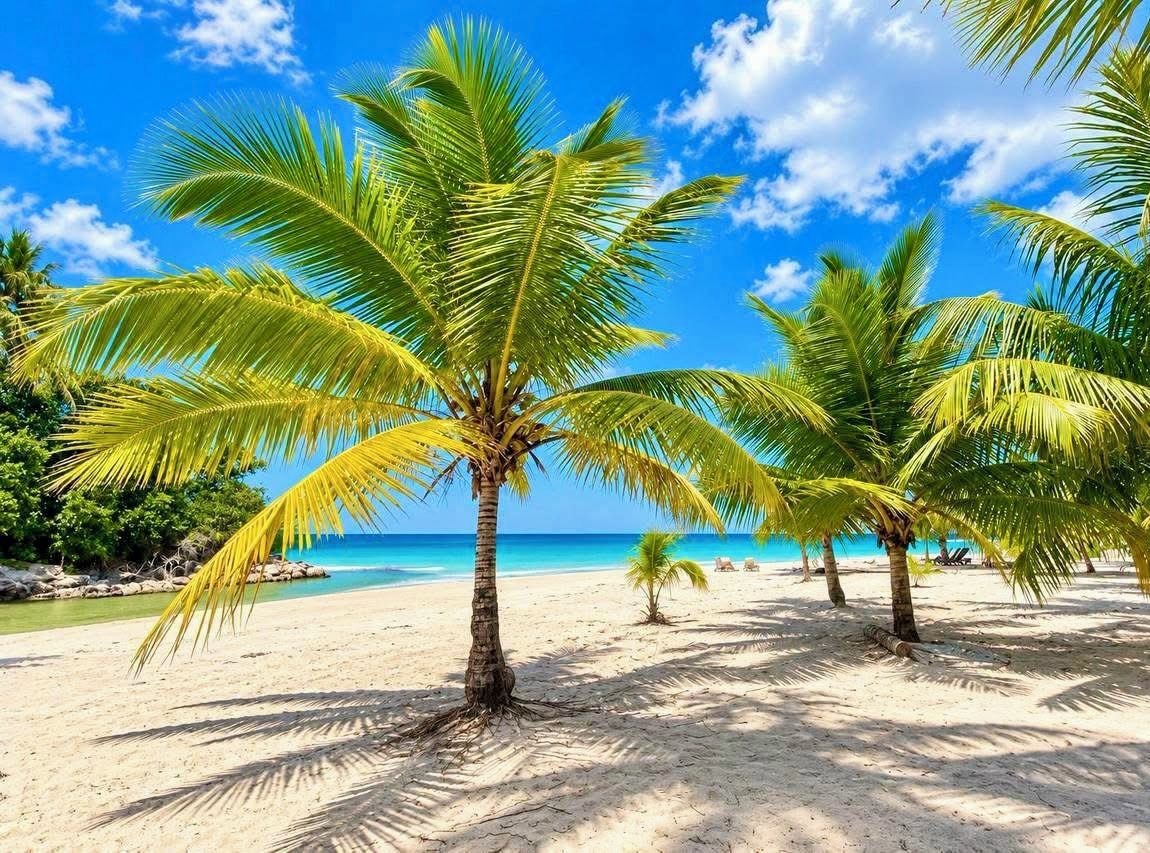 A beach with palm trees and a clear blue sky.