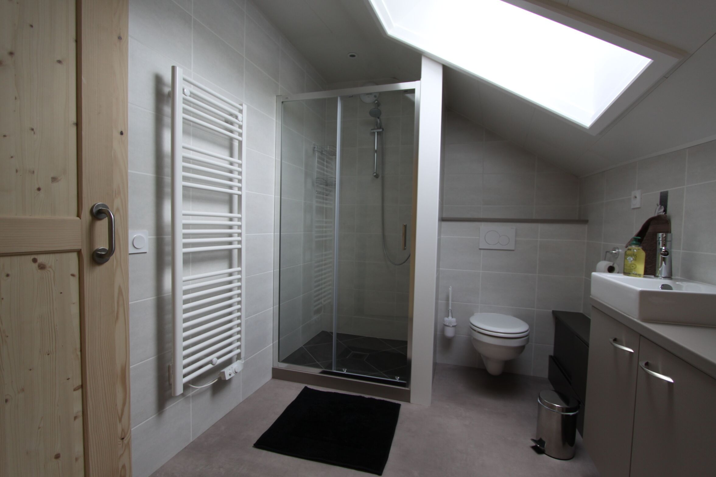 Un baño moderno con ducha envuelta en vidrio, inodoro, lavamanos y tragaluz.
