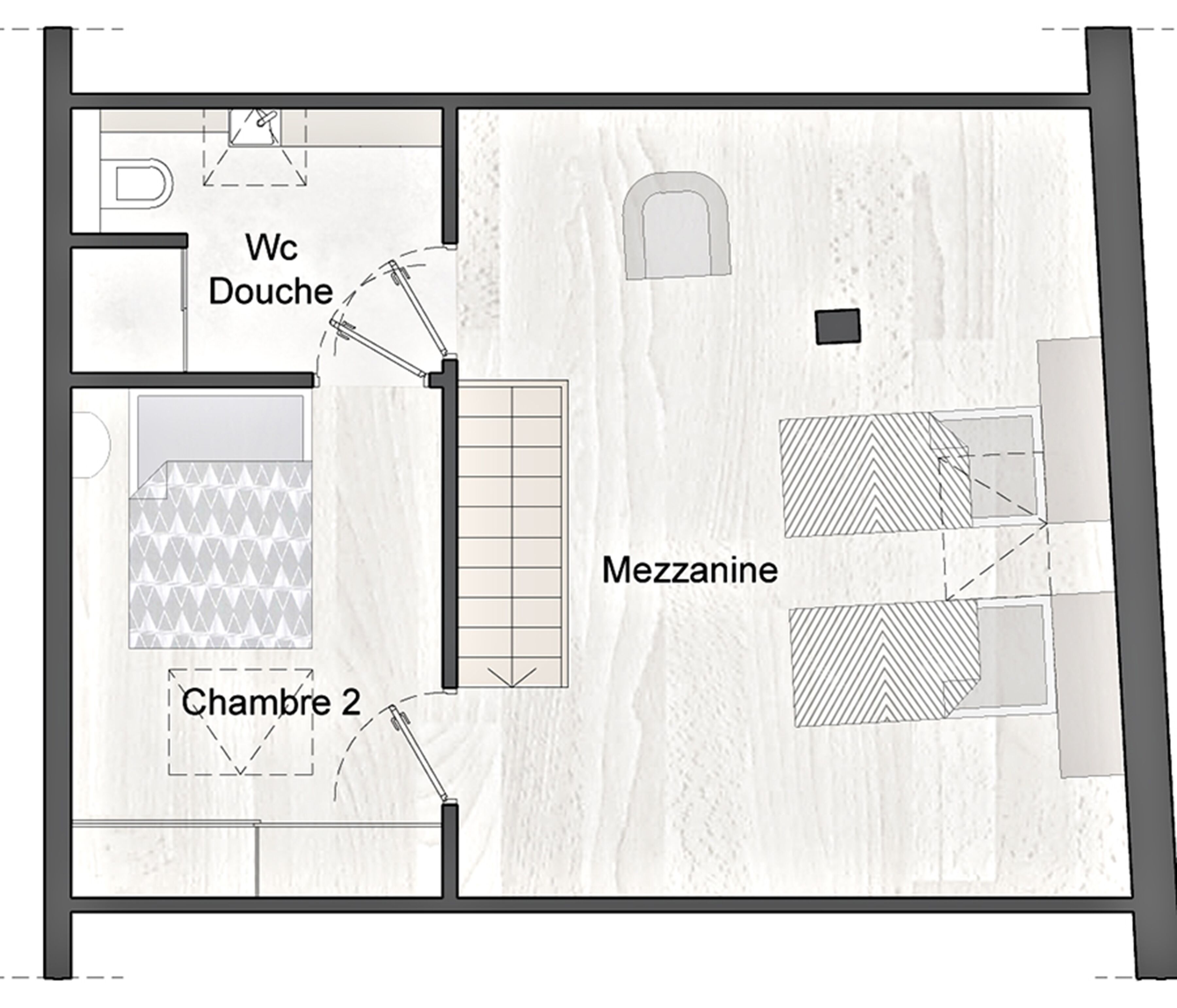 A floor plan with WC, Doucherie, Chambre 2, and Mezzanine areas.