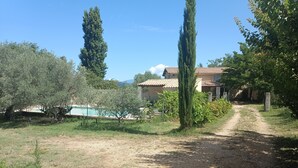 A rural property with a gravel driveway, olive trees, a swimming pool, and a house with a tiled roof.