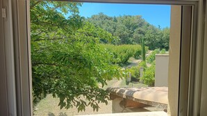 A window view of a garden with a pathway, trees, and a building in the background.