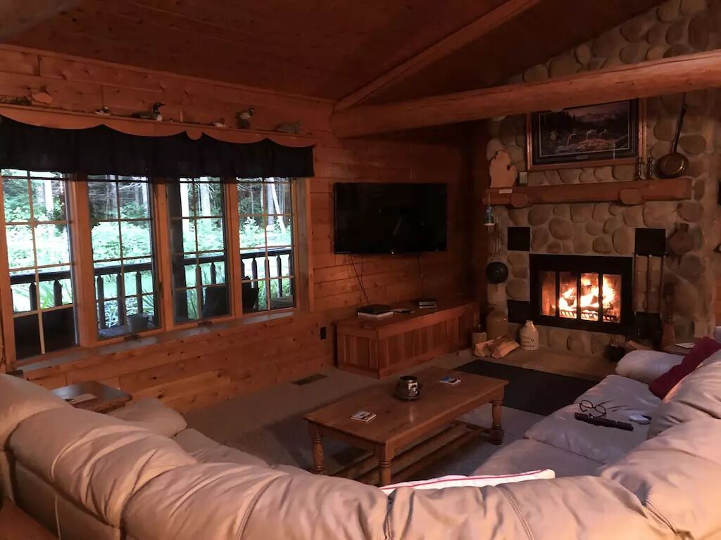 Smart TV, fireplace, DVD player, books