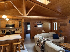 Smart TV, fireplace, DVD player, books