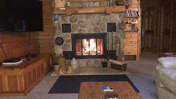 Smart TV, fireplace, DVD player, books