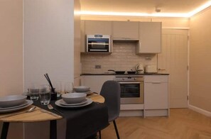 Fridge, microwave, oven, electric kettle