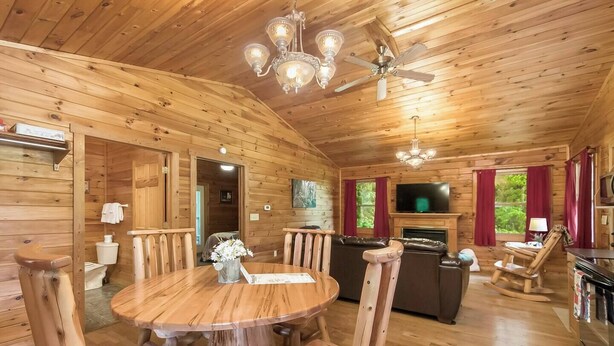 A wooden cabin interior with a dining table, chairs, a sofa, a television, and a fireplace.