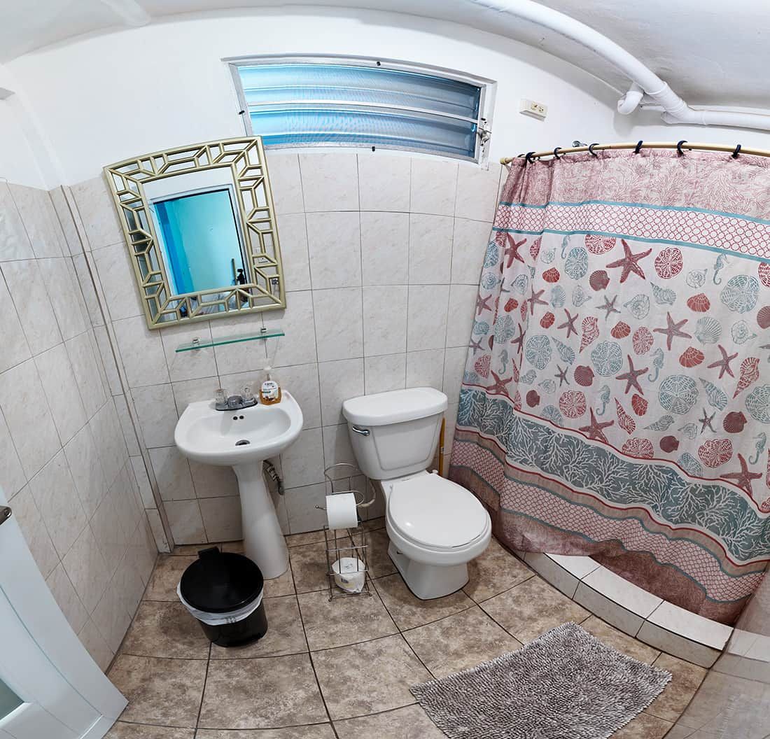 Un baño con inodoro, lavamanos y cortina de ducha.