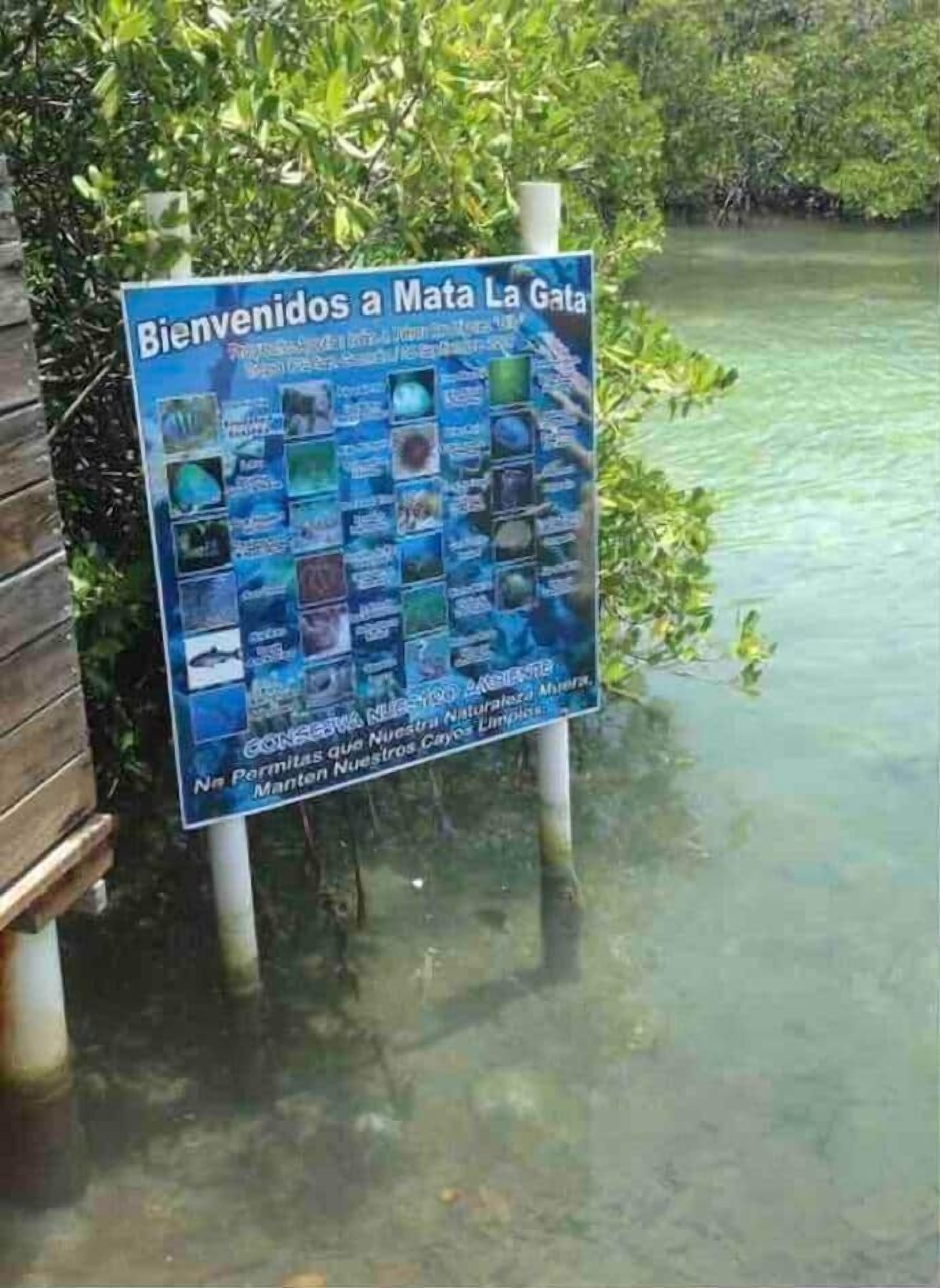Une pancarte d’accueil pour Mata La Gata, ornée d’une grille d’images représentant différentes espèces de la faune marine, et affichant un message sur la protection de l’environnement.