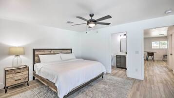 4 bedrooms, desk, iron/ironing board, travel cot