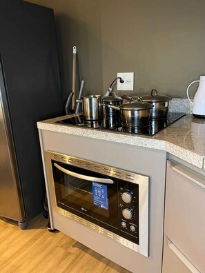 Apartment | Private kitchen | Full-size fridge, microwave, stovetop, toaster