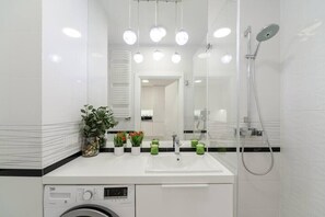 Shower, hair dryer, towels