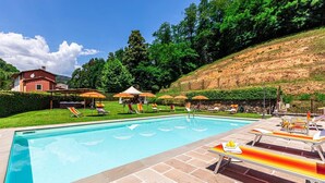 A swimming pool with lounge chairs and umbrellas, surrounded by a landscaped garden and a hillside. - A spacius and comfortable apartment with a large terrace (Toscana)