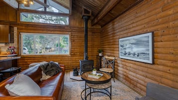 Smart-tv, eldstad, ett bordtennisbord och böcker