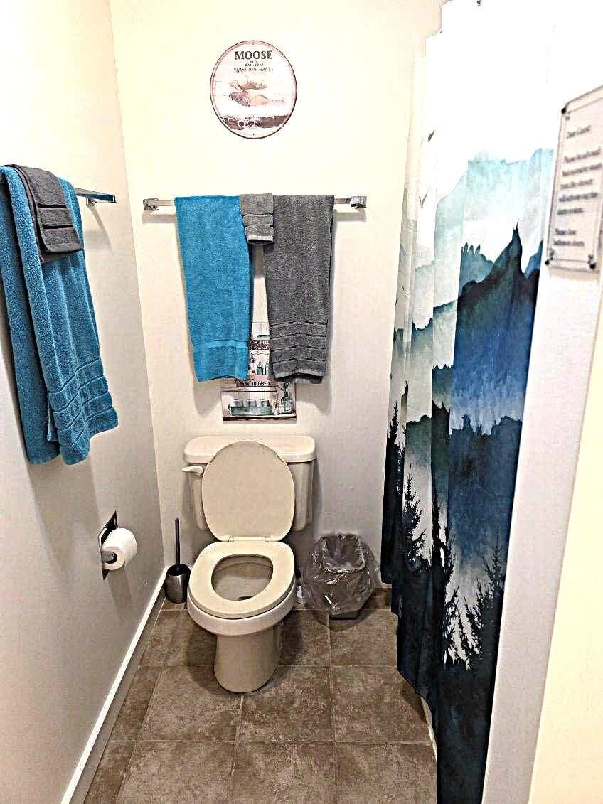 Un baño pequeño con inodoro, un perchero con varias toallas, un dispensador de papel higiénico y una cortina de ducha con diseño de montaña.