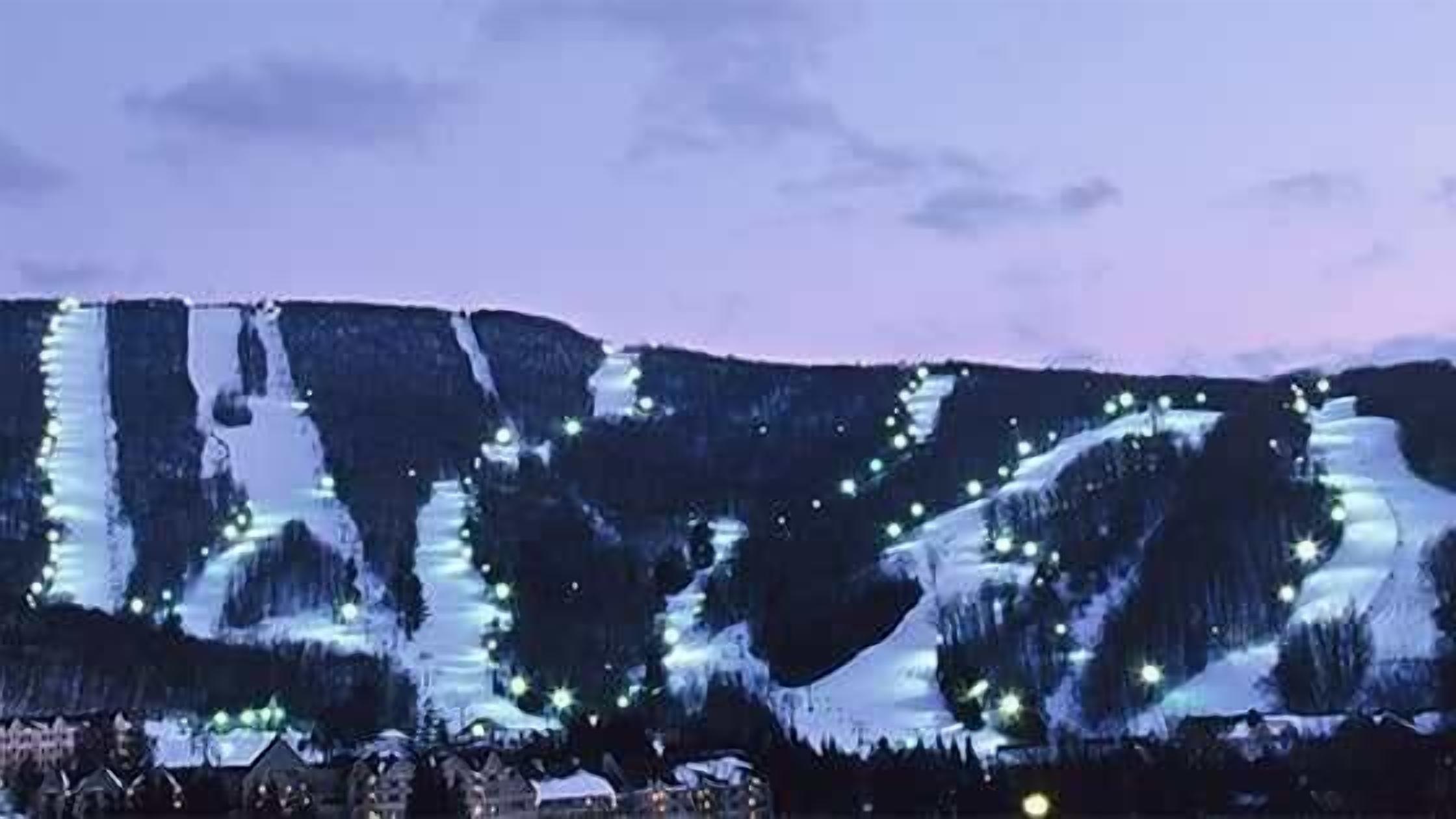 A mountain with illuminated snow patterns and a village at its base.