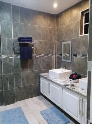 Hair dryer, towels, shampoo